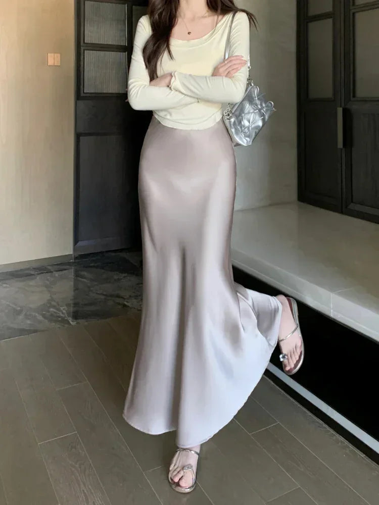 Spring Summer Women's Long Skirt High Waist Satin Silk A-line Skirt Ladies Korean Fashion Solid Pink Fishtail Skirts for Women
