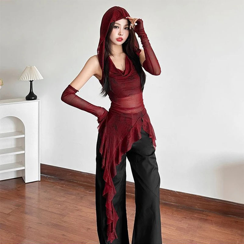 Ruffle Long Sleeve Sexy T-Shirts Fashion Women Y2K Irregular Asymmetrical Korean Crop Tops Casual Sheer Mesh Autumn Chic Tees