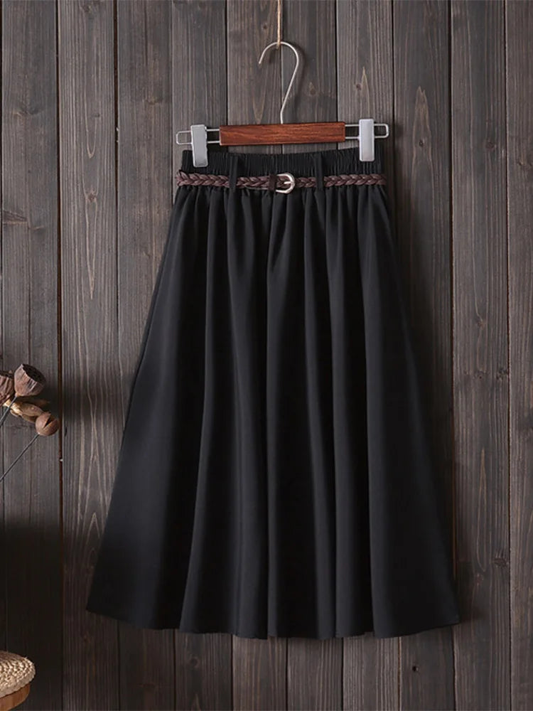 Midi Knee Length Summer Skirt Women With Belt Fashion Korean Ladies High Waist Pleated A-line School Skirt Female