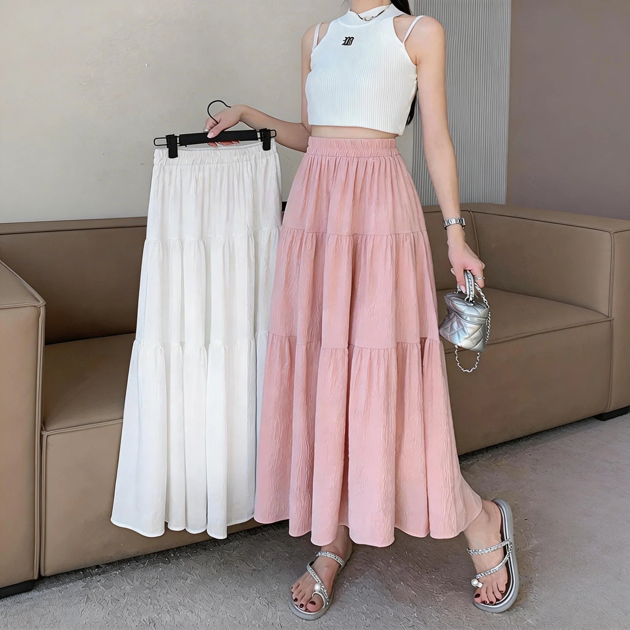 1pcs Women Skirts Girls High Waist Chic Long Cake A-line Skirt Female White Black Vintage Fashion With Lining Long Dress