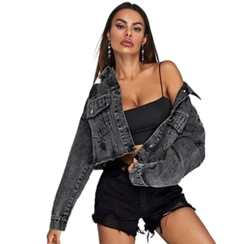 Donsignet Women's Jeans Jacket Spring Autumn New Fashion Burr Hole Denim Coats Button Pockets Long Sleeve Black Casual Tops