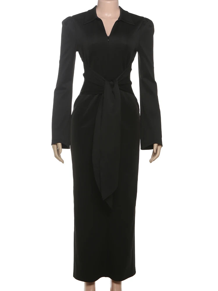 Weird Puss Sexy Maxi Dress Women Shoulder Padded Zip Wrapped Bandage Long Sleeve Slit Elegant Solid Office Simple Skinny Bodycon