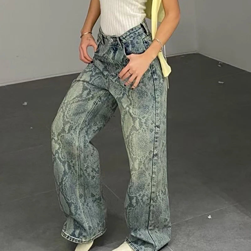 Streetwear Snake-Print Wide Leg Jeans Loose High-Waisted Baggy Denim Pants Y2K Grunge Casual Animal Pattern Trousers Women 2025