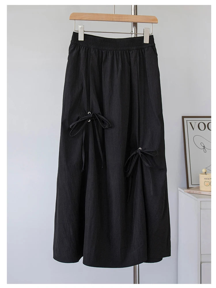 Women's Summer High Waisted Bow Cargo Skirt - Korean Effortless Chic Flowy Big Hem Umbrella Skirt Midi Casual Skirt