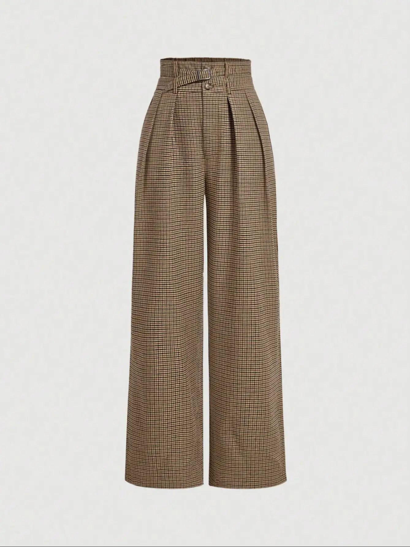 Women's plaid wide-leg trousers, retro high-waisted casual trousers, cargo style trousers with belt