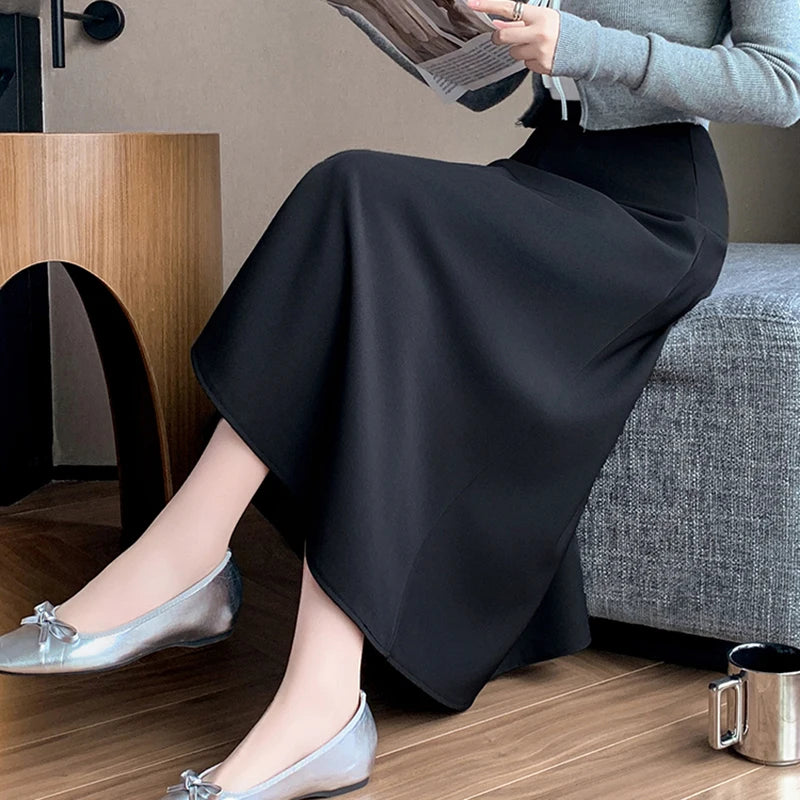 Elegant OL Spring Summer Long Skirts For Woman Fashion Korean High Waist A-line Office Skirt Suit Pleated Pink Black Skirt Women