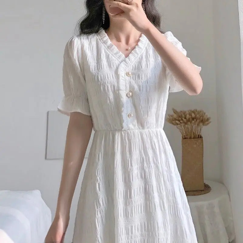 Dress for Women Summer Large Size Short Sleeve Shirt White Blue Dresses Casual Korean French Retro Slim Fit Female Clothing