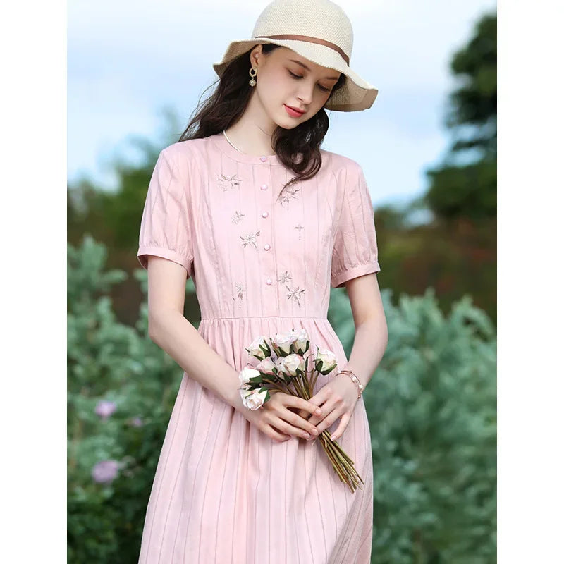 I BELIEVE YOU Women Dresses 2024 Summer Pink Embroidery Short Sleeve New Elegant Retro Slim Midi A-Line Chic Dress 2242055682