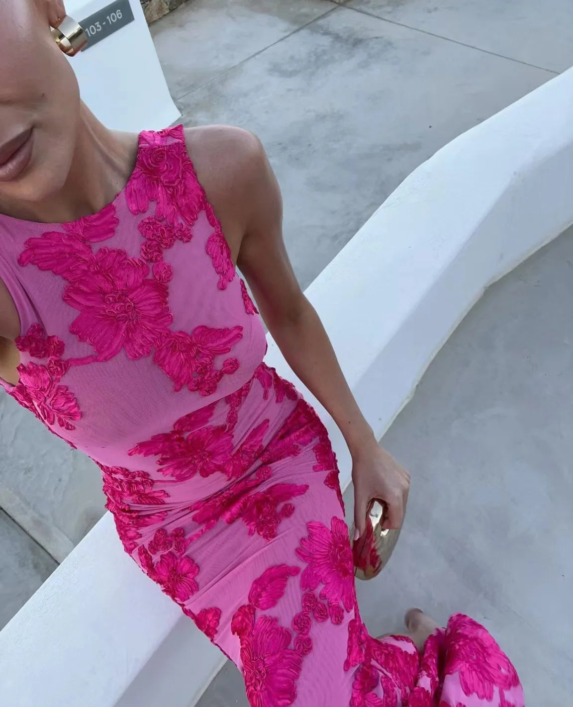 VEITCHE Elegant Women Sleeveless 3d Flowers Party Dress Embroidery Mesh Slim Hip Package Female Fshion Maxi Dresses Summer Robe