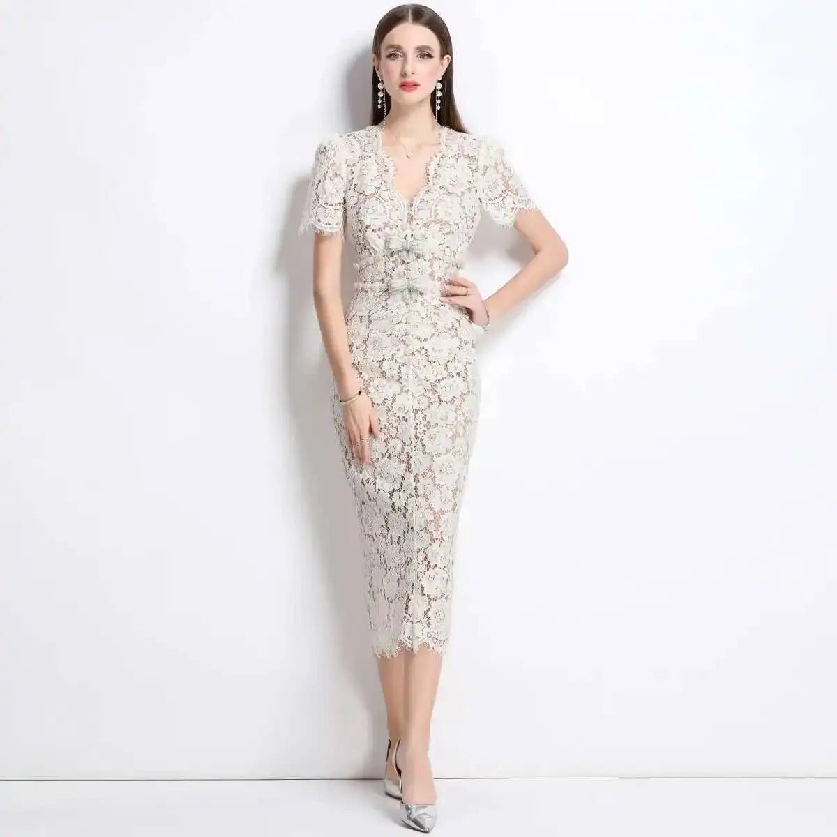 Luxury Crystal Bow Evening Formal Dress Women Summer Elegant Short Sleeve Hollow Out Pearl Embroidery Midi Long Lace Dresses