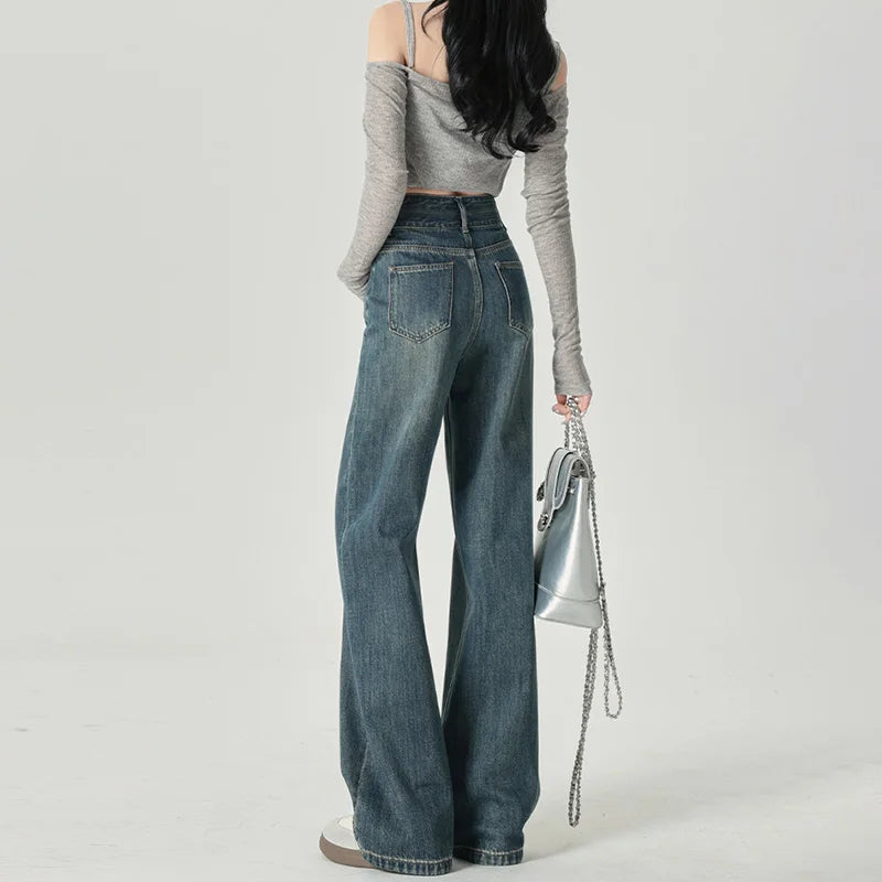 Women's Narrow Cut Wide Leg Jeans With High Waist And Hanging Feeling Straight Leg Casual Look Slim Contrasting Colors Pants