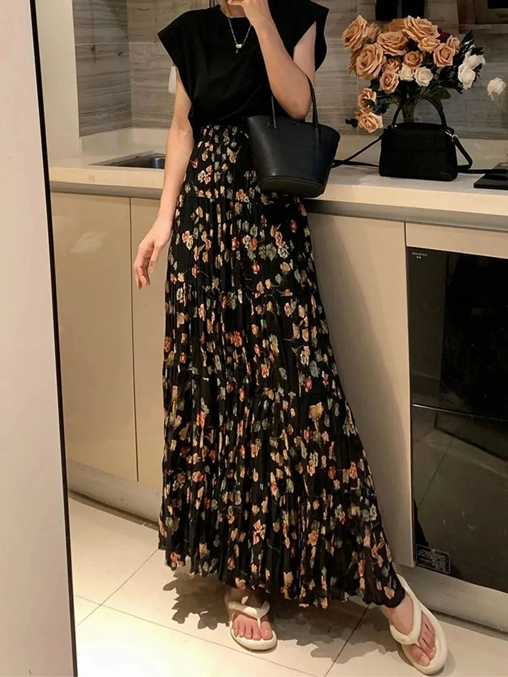 New Fashion Summer Trendy Women's Elegant Ink Dyed Printed A-line Skirt Women's Elastic High Waist Splicing Folded Long Skirt