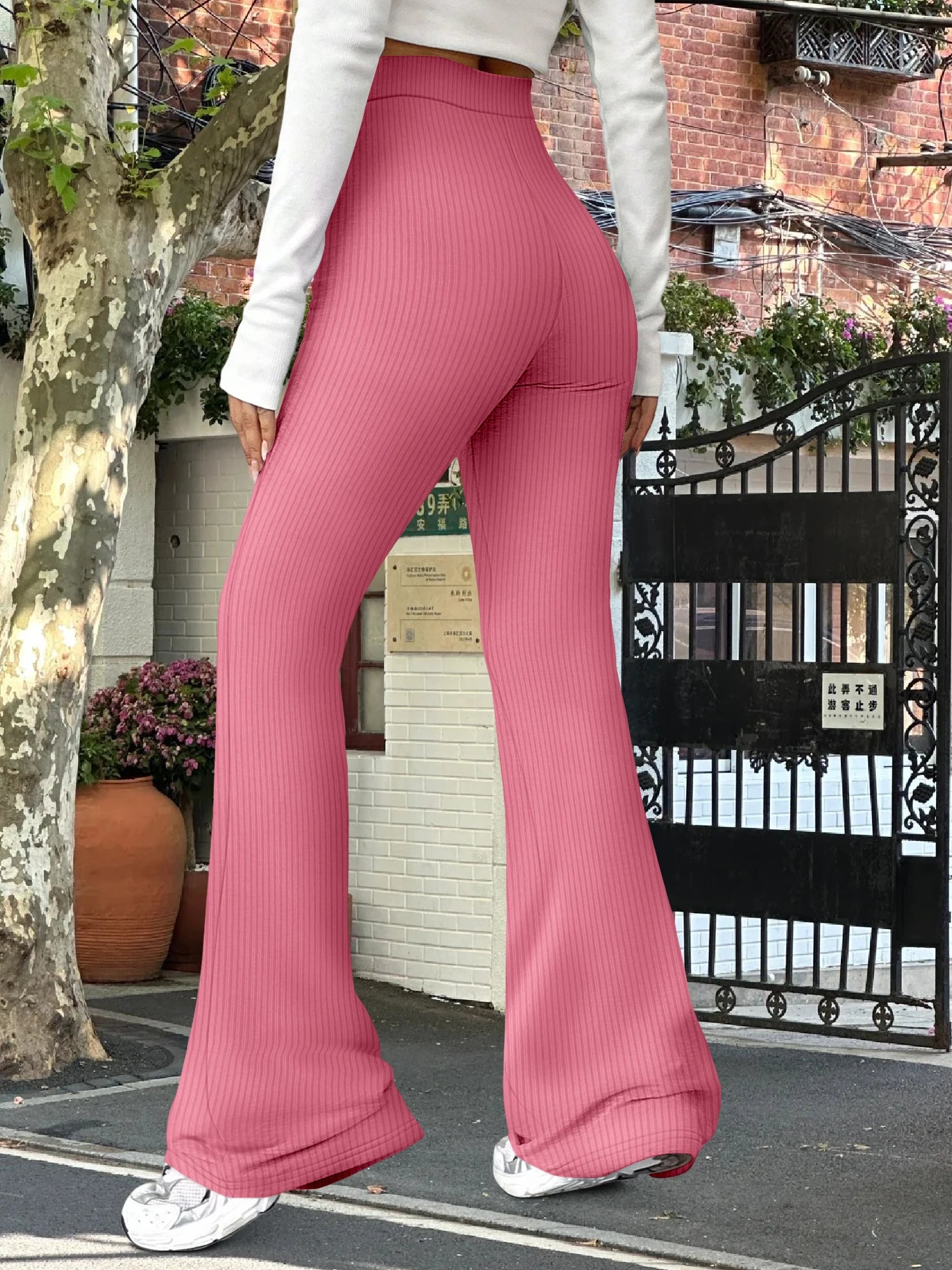 European and American Style High-Waisted Ribbed Flared Long Pants Comfortable Elastic Tight Slim-Fit Pants for Women