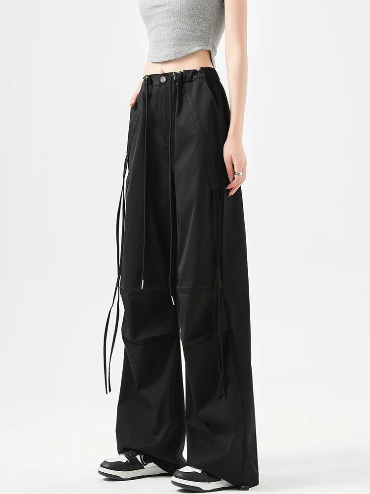 Women's Korean Style Cargo Pants 2025 Spring Autumn - High Waisted Quick Dry Wide Leg Pants with Bow Drawstring