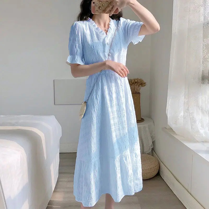 Dress for Women Summer Large Size Short Sleeve Shirt White Blue Dresses Casual Korean French Retro Slim Fit Female Clothing