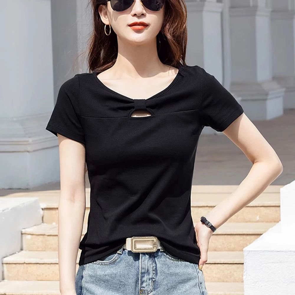 Korean version pure cotton short sleeved t-shirt women's summer new high-end fashion plus size slim fit casual T-shirt V-neck to