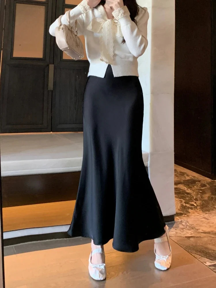 Spring Summer Women's Long Skirt High Waist Satin Silk A-line Skirt Ladies Korean Fashion Solid Pink Fishtail Skirts for Women