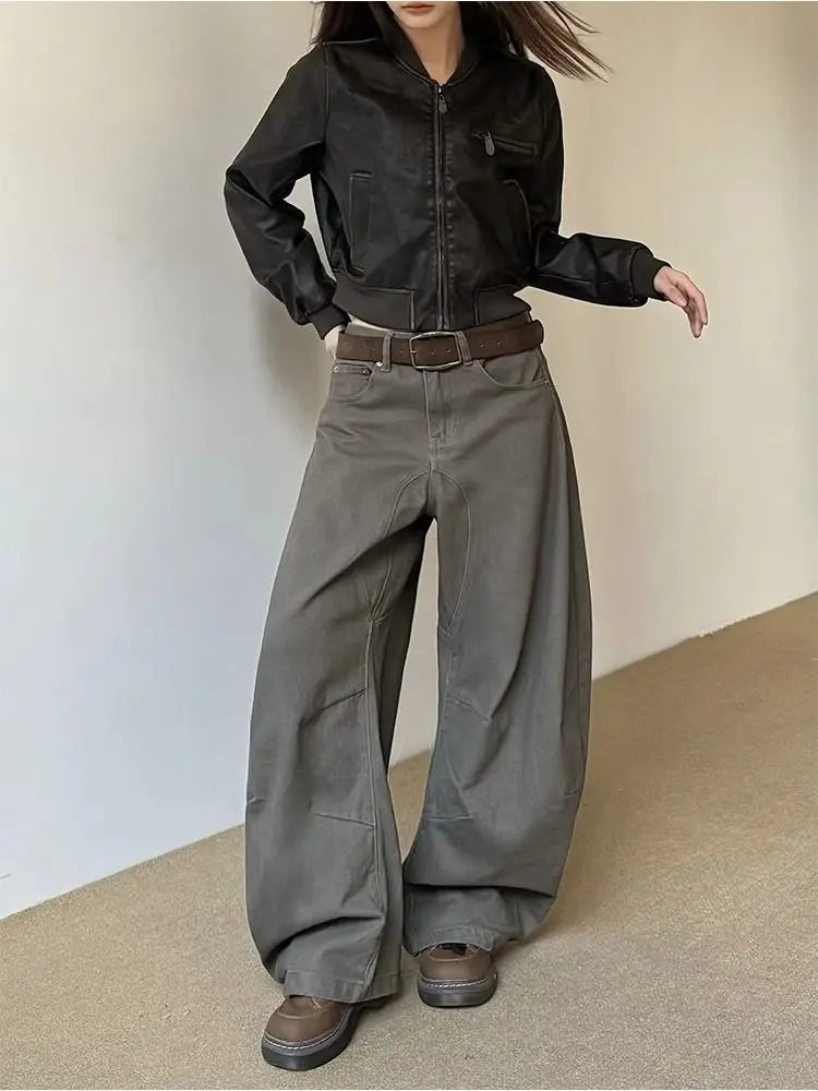 American Vintage 2000s Style High Waist Camel Jeans Pants Spring Fashion Women's Baggy Y2K Wide Leg Denim Trouser Female Clothes