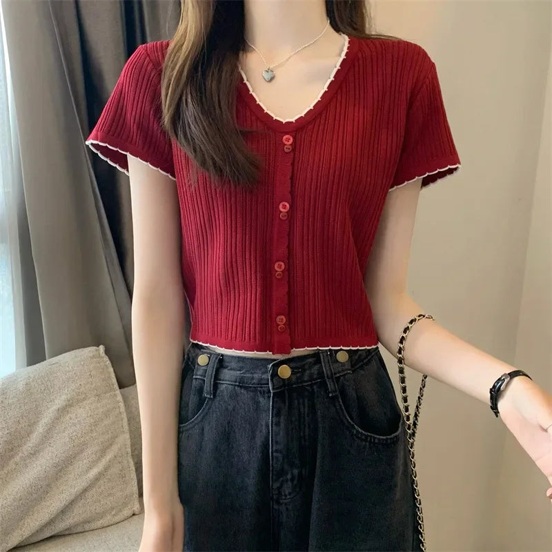 ITOOLIN New Women Korean Style Short Sleeve Knitted T-Shirt Women's Slim Fit Summer New Fashion Short Length V-neck Top