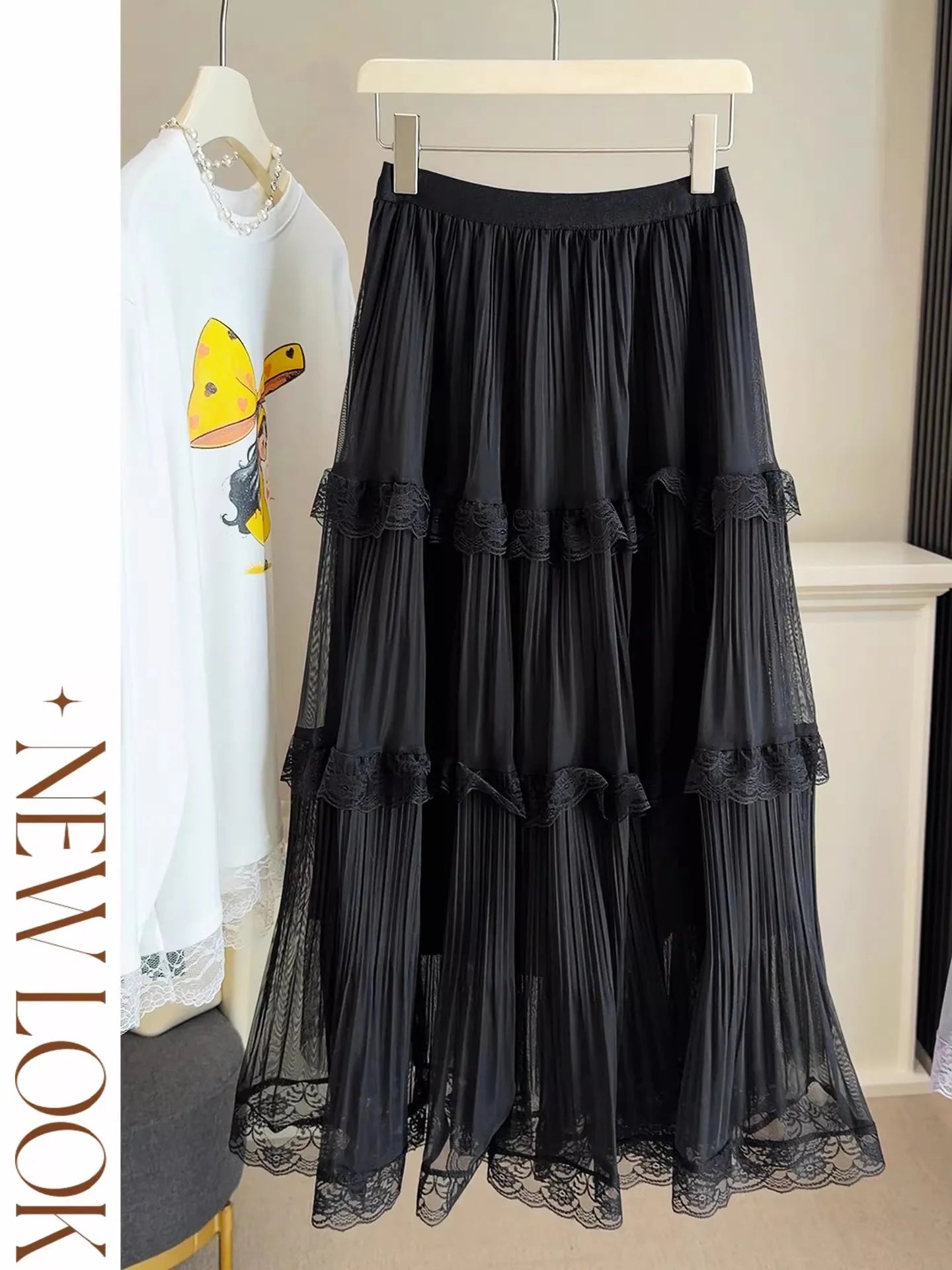 Retro Sweet White Long Skirt Women Casual Loose High Waist Elegant Skirt Vintage Lace Patchwork Korean Summer Long Skirts