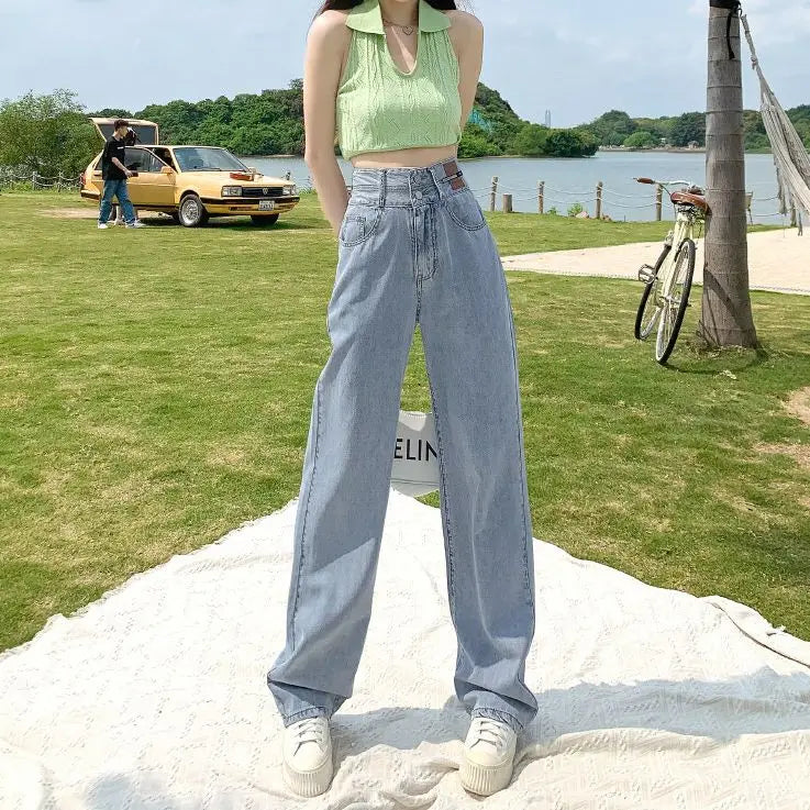 Women's Narrow Cut Wide Leg Jeans With High Waist And Hanging Feeling Straight Leg Casual Look Slim Contrasting Colors Pants