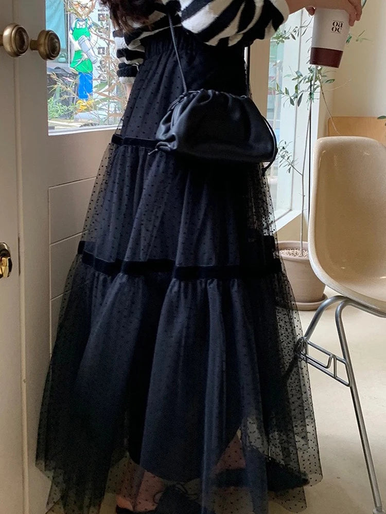 Faionable High Waist Knee-Length Polka Dot f Skirt Women's Korean Sle Spring Autumn Loose A-Line Skirt Long Skirt