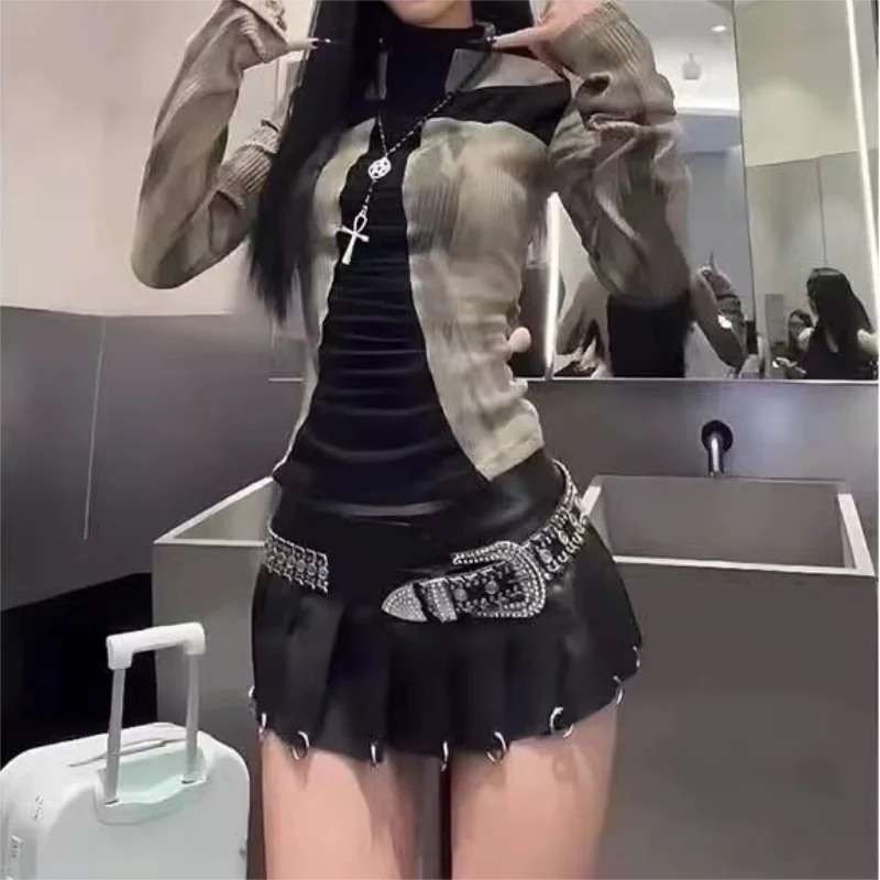 Women Y2k Clothing Ribbed Tops Vintage Harajuku Cross Print T-shirt Grunge Aesthetic Long Sleeve Patchwork Tops Trend 2000s